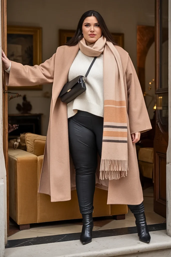 Plus Size Camel Coat with Black Leggings and Ankle Boots Winter Outfit