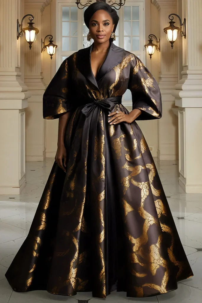 Plus Size Mother Of The Bride Black Graphic Turndown Collar Half Sleeve Pocket Satin Maxi Dress