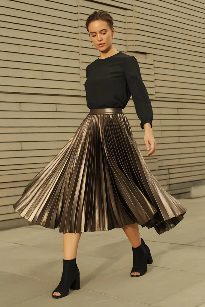 Classy New Years Eve Metallic Pleated Skirt Outfit