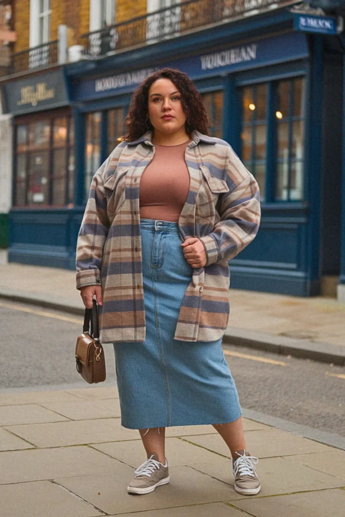 Plus Size Shacket And Straight Skirt Fall Outfit