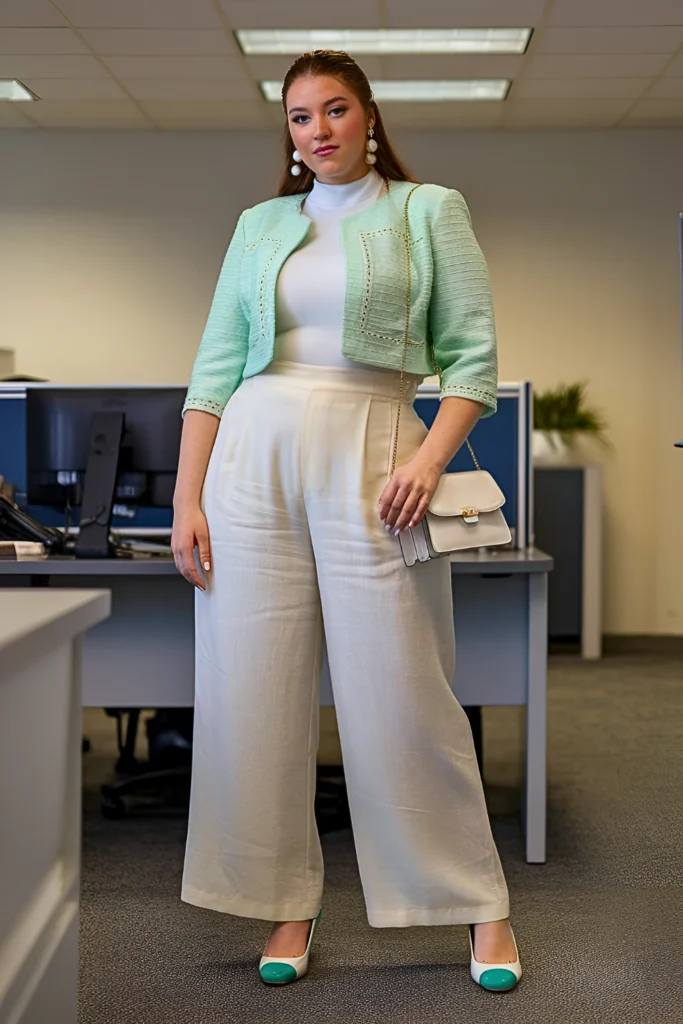 Plus Size Textured Mint Cropped Blazer Summer Office Look