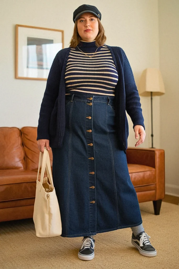 Plus Size Denim Long Jean Fall Skirt Outfit