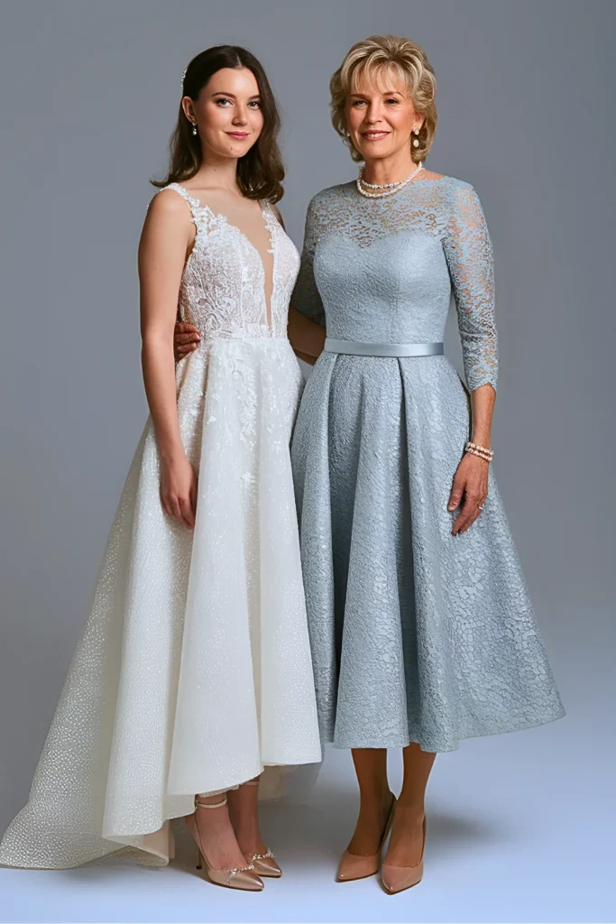 Classy Dusty Blue Lace Illusion Neckline Mother of the Bride Dress