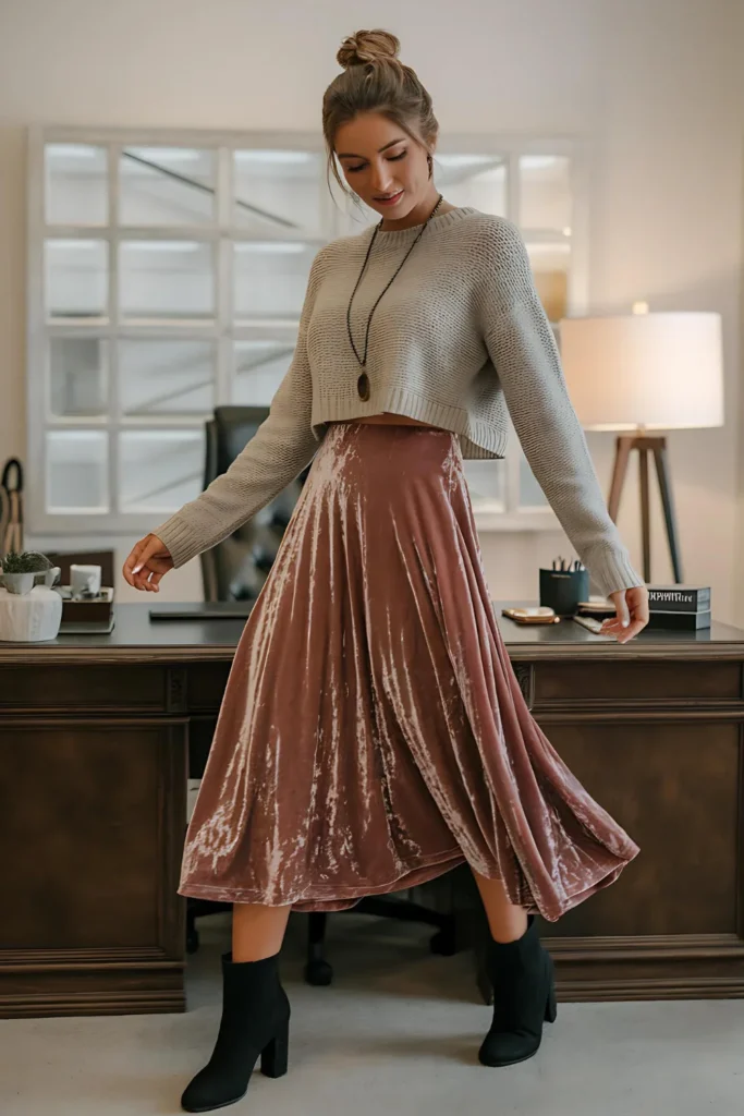 Winter Midi Skirt and Cropped Sweater Work Outfit