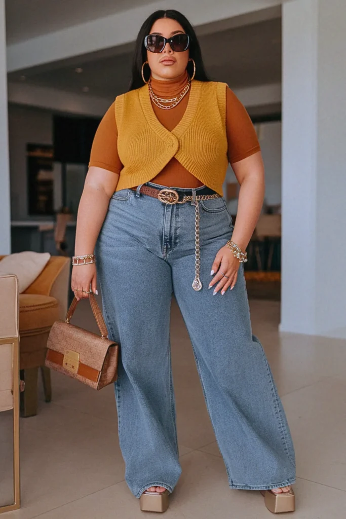 Plus Size Mustard Sweater Vest Retro Vintage Fall Outfit