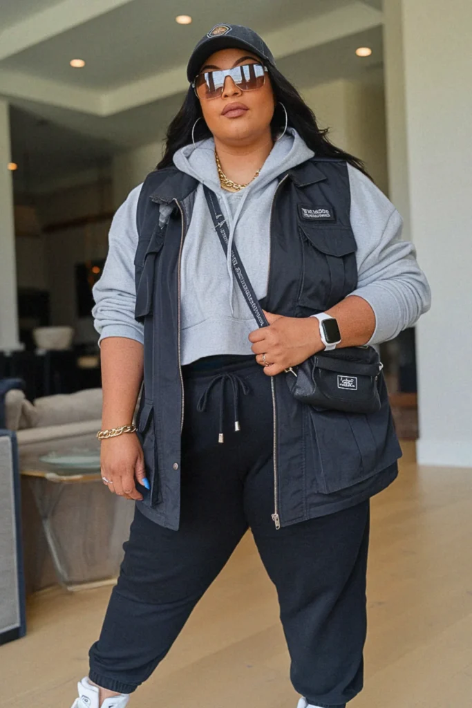 Plus Size Black Utility Vest Urban Street Style Fall Outfit
