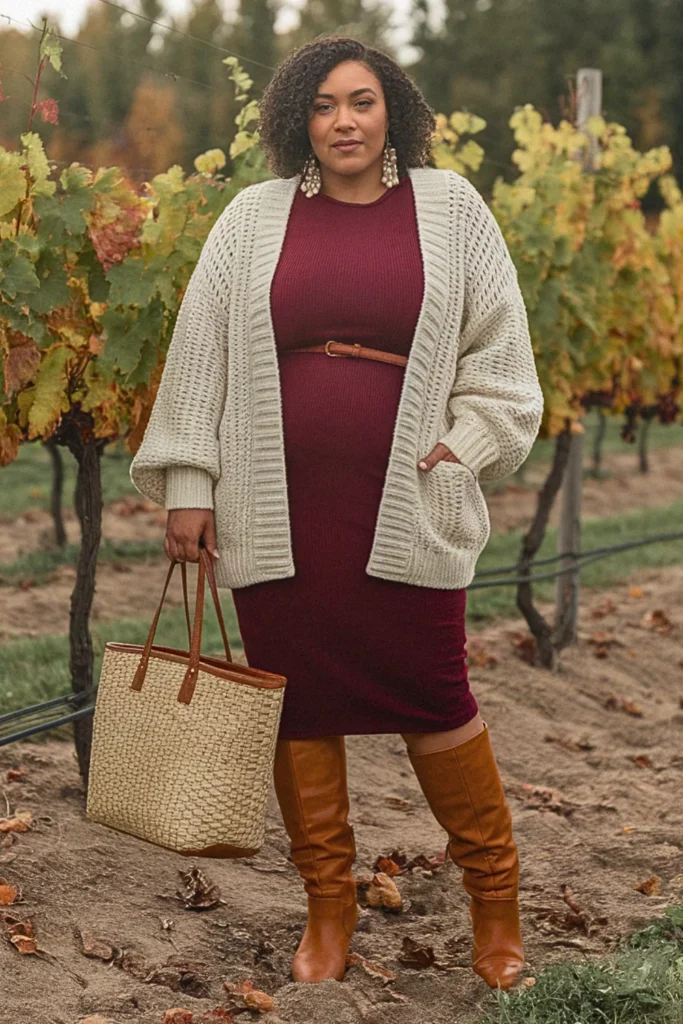 Plus Size Fall Burgundy Midi Dress Chunky Knit Winery Outfit
