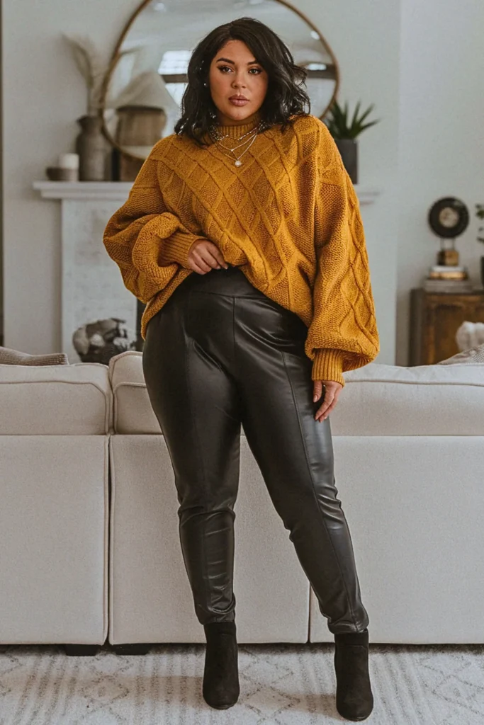 Plus Size Statement Sweater and Faux Leather Leggings Fall Outfit