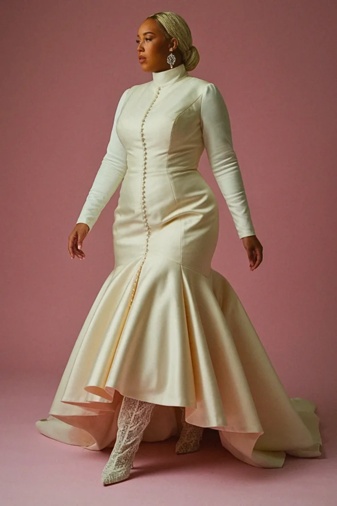 High-Neck Victorian-Inspired Buttoned Wedding Dress