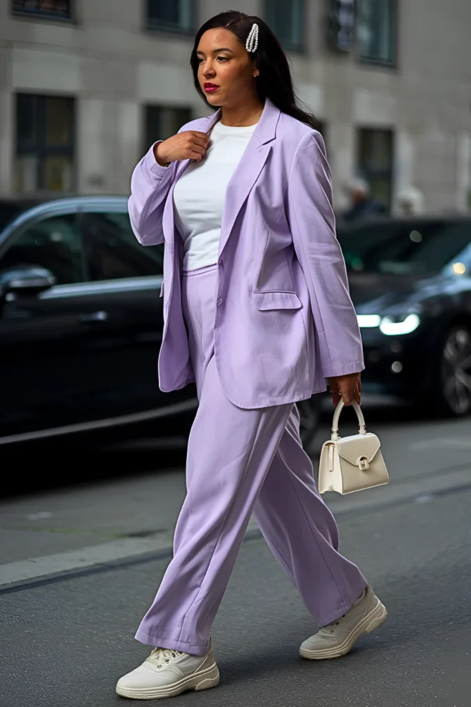 European Pastel Pantsuit & White Sneakers Spring Outfit