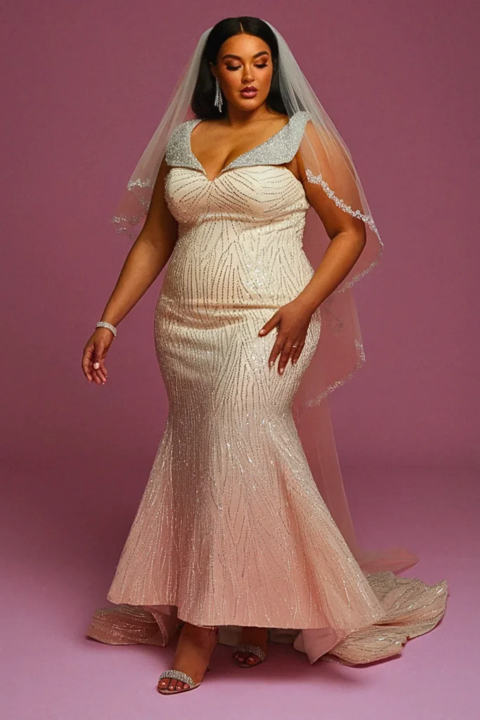 Sequined OmbreÌ Mermaid Wedding Dress with Portrait Collar