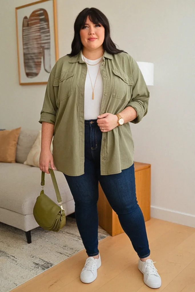 Plus Size Utility Shirt with Jeggings Fall Outfit