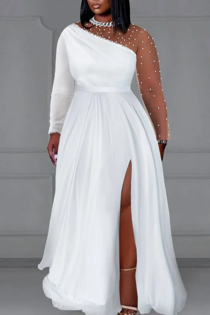 Plus Size Wedding White Round Neck Long Sleeve Split Pearls Maxi Dress