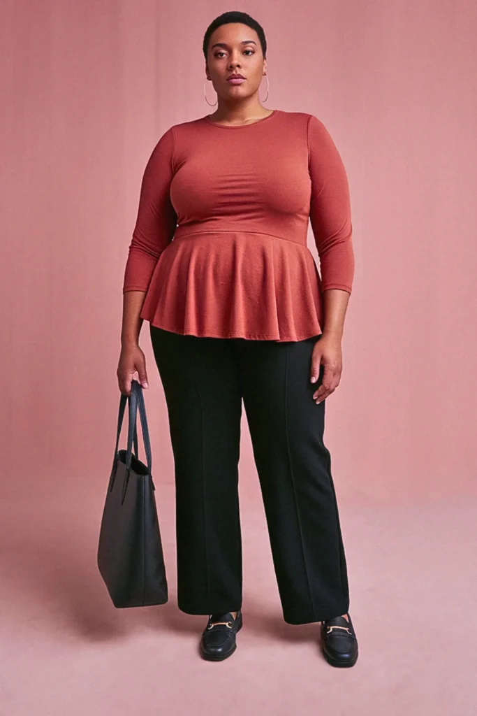 Plus Size Peplum Top and Straight Leg Pants Fall Outfit