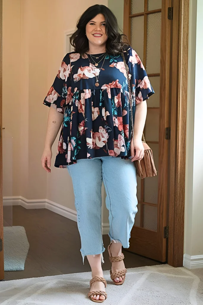 Plus Size Floral Babydoll Top and Cropped Jeans Spring Mom Outfit