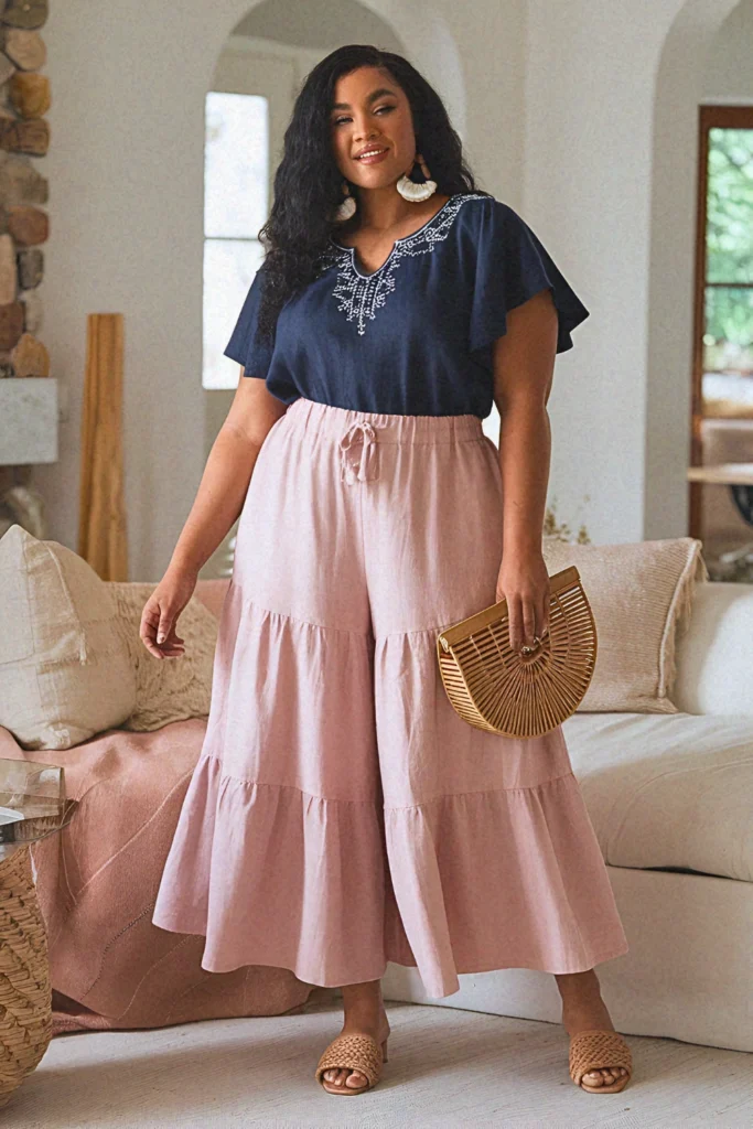 Plus Size Modest Tiered Linen Crop Pants and Flutter Sleeve Top Summer Outfit