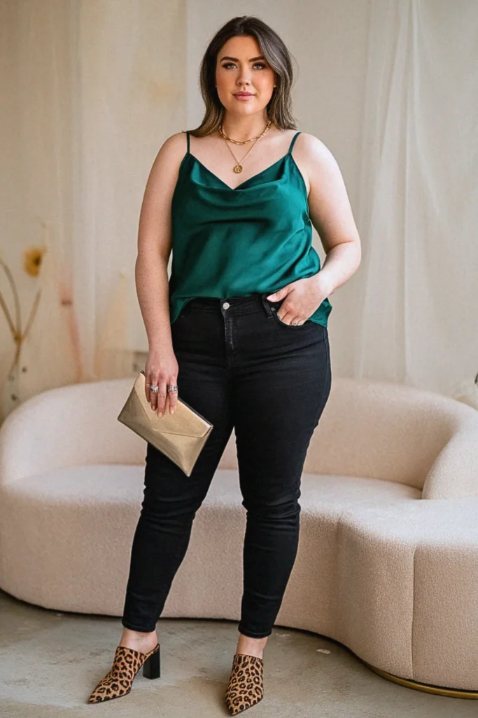 Plus Size Summer Silk Camisole with Black Jeans Outfit