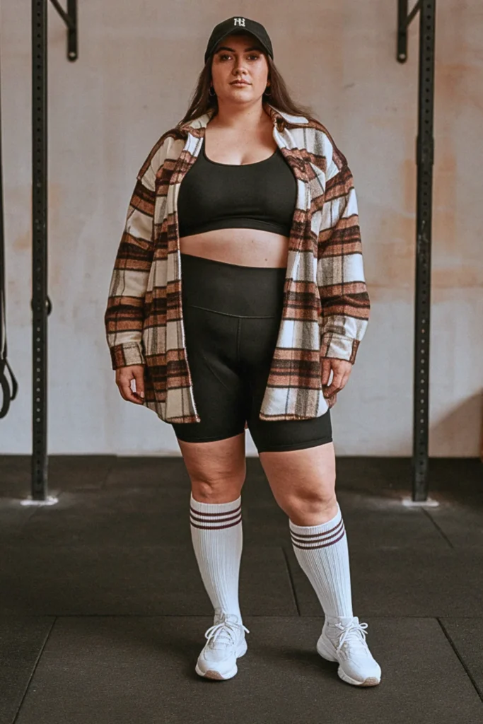 Plus Size Fall Oversized Flannel and Bike Shorts Athleisure Outfit