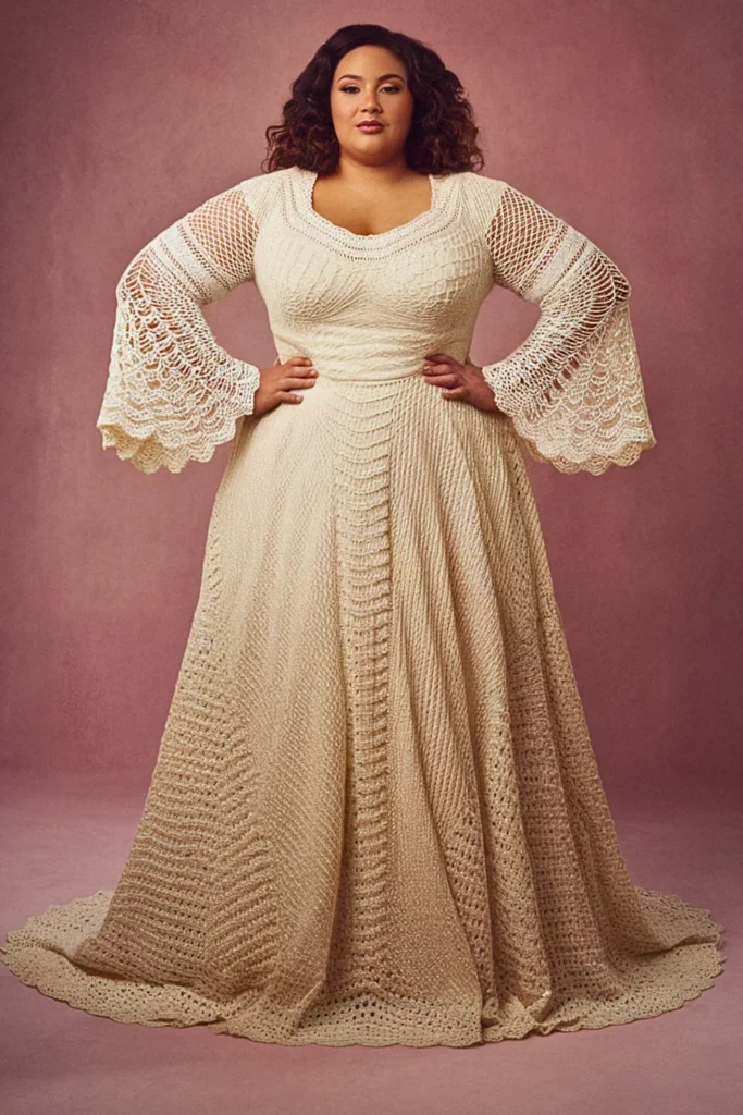 Plus Size Vintage Bohemian Bell-Sleeve Crochet Wedding Dress