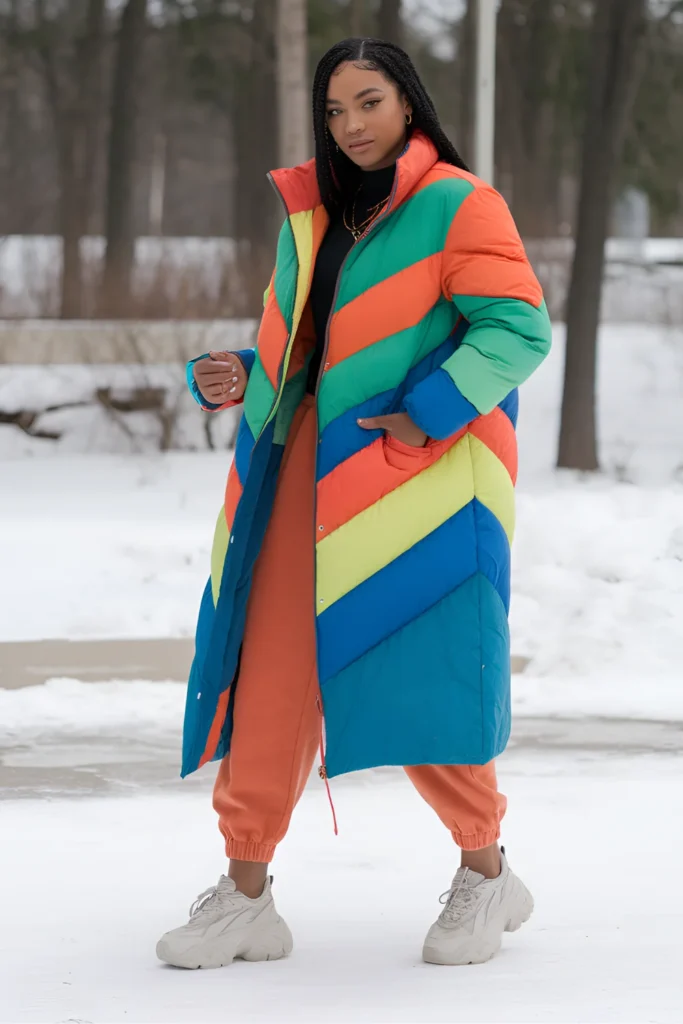 Black Girl Puffer Coat and Joggers Winter Outfit