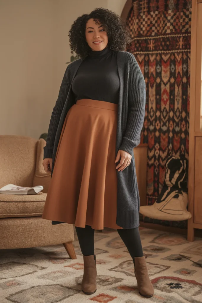 Winter Curvy Mom Turtleneck and A-Line Skirt Outfit