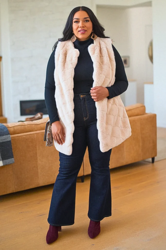 Plus Size Faux Fur Vest and Bootcut Jeans Fall Outfit