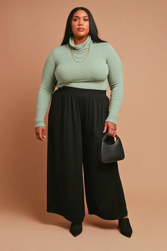 Plus Size Cowl Neck Sweater and Palazzo Pants Fall Outfit