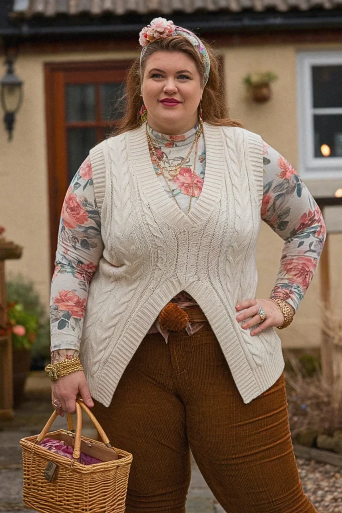 Plus Size Cream Cable Knit Vest Cozy Cottage Fall Outfit