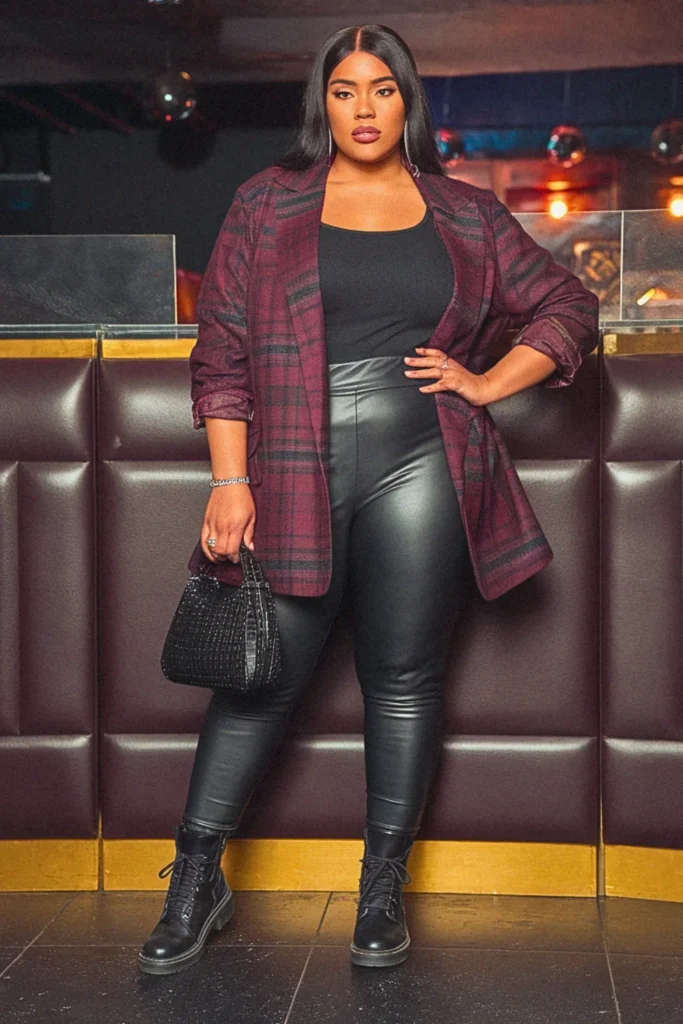 Plus Size Fall Plaid Blazer and Leather Pants Going Out Outfit