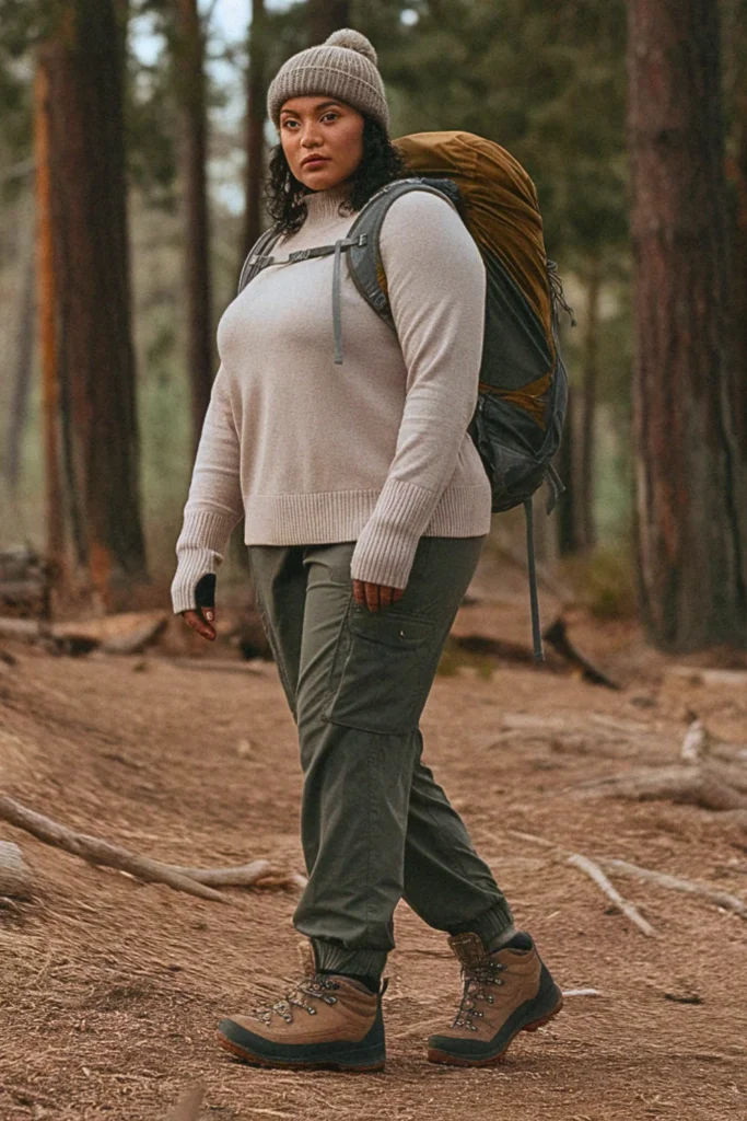 Plus Size Fall Merino Wool Sweater with Cargo Pants Hiking Outfit