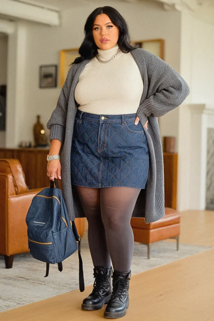 Plus Size Quilted Jean Short Fall Skirt Outfit