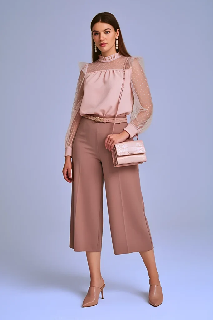 Spring Mesh Panel Blouse & Culottes Work Outfit