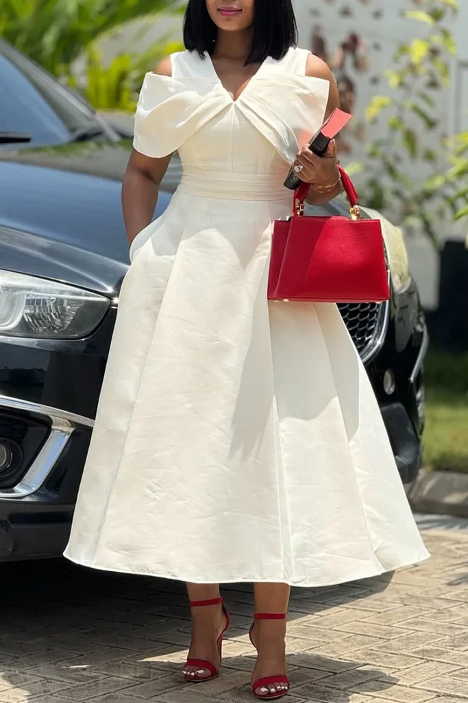 Plus Size Wedding Guest White V Neck Cold Shoulder Pocket Midi Dress