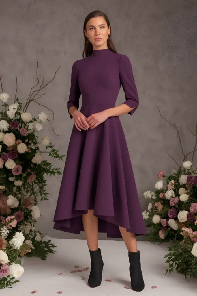 Winter Wedding Guest plum-colored wool blend Dress