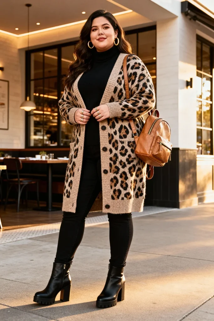 Plus Size Leopard Print Cardigan and Black Jeans Outfit