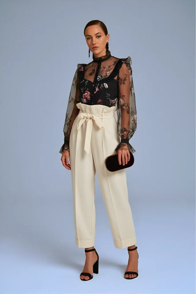 Sheer Floral Blouse and Paper Bag Waist Pants Spring Outfit