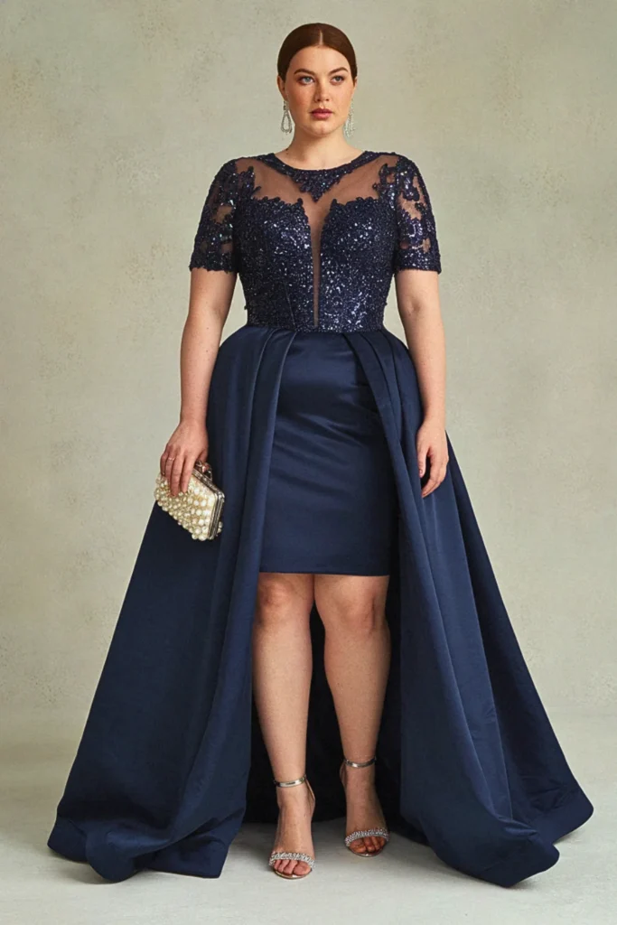 Plus Size Navy Blue Sequined Bodice Ball Gown Wedding Guest Dress