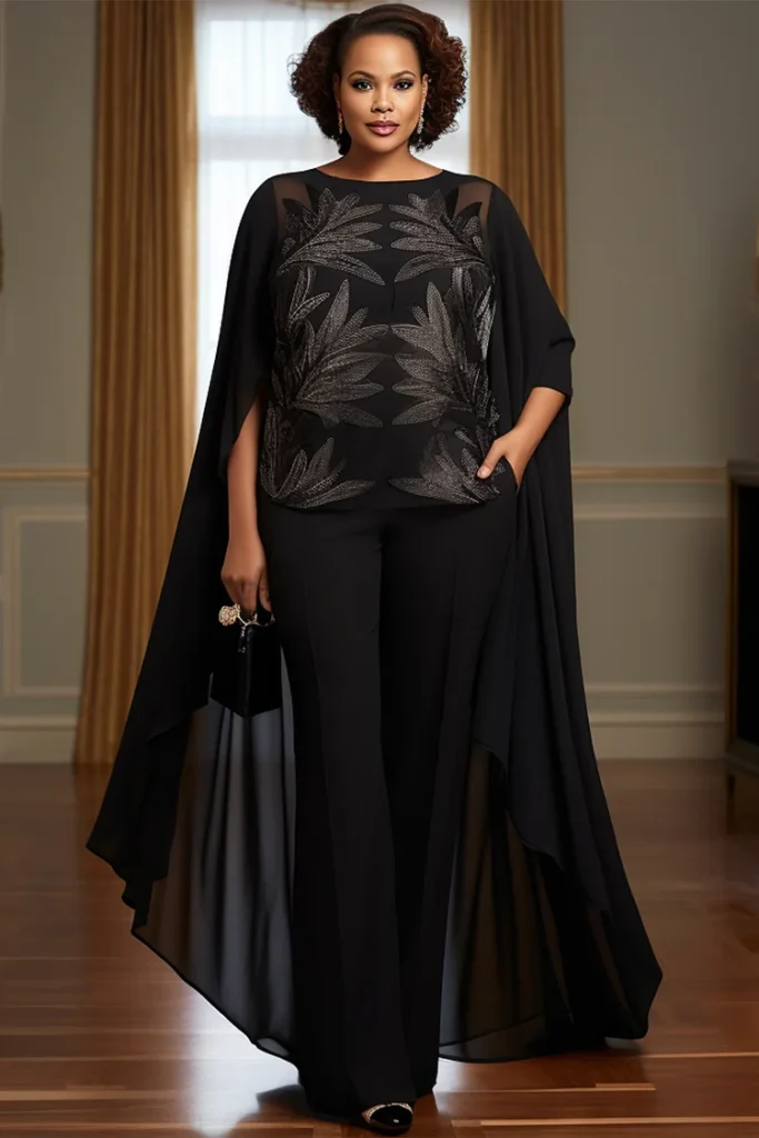 Plus Size Mother Of The Bride Black Round Neck Cape Sleeve Short Sleeve Pocket Chiffon Two Piece Pant Set