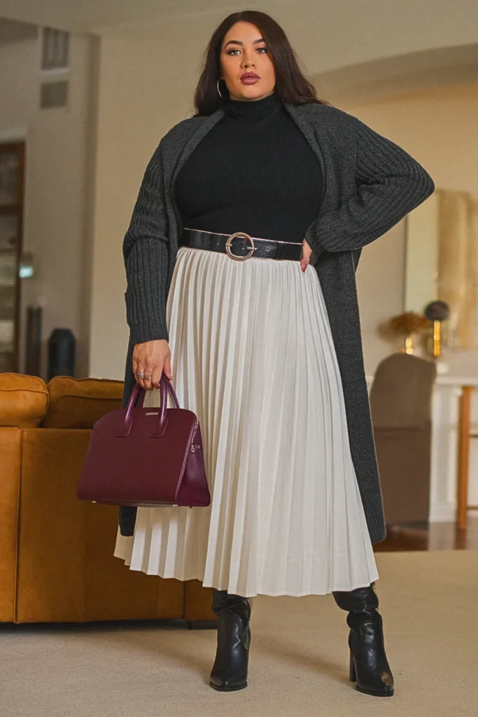 Plus Size Pleated Long White Fall Skirt Outfit
