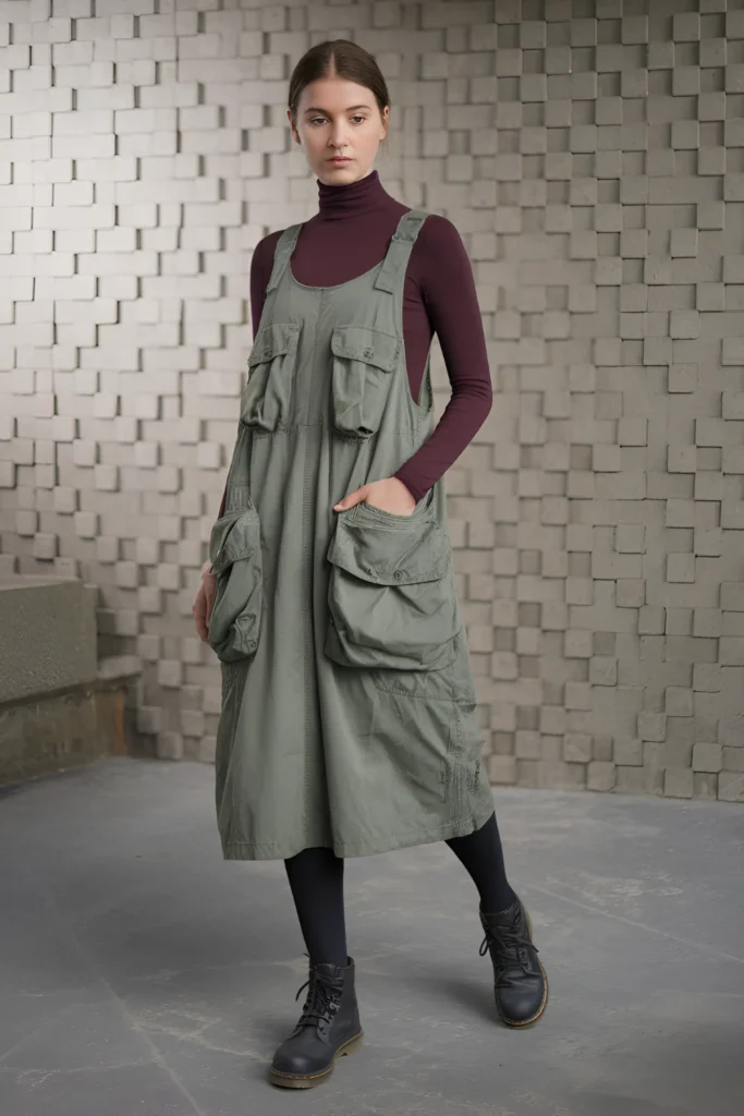Winter Casual Turtleneck and Overall Dress Outfit