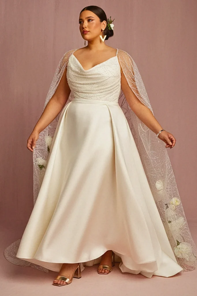 Cowl Back Slip Dress with Watteau Cape Wedding Dress