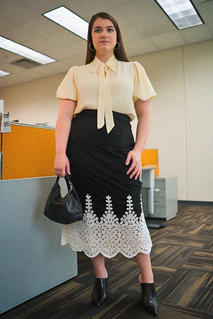 Plus Size Summer Eyelet Overlay Pencil Skirt Office Outfit