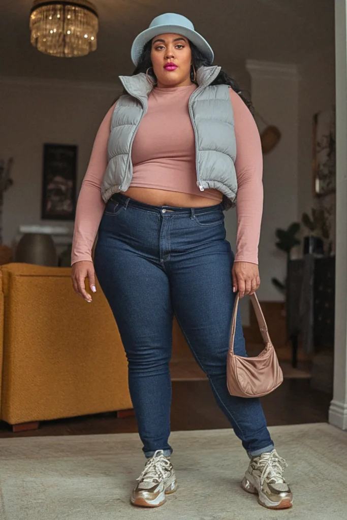 Plus Size Puffer Vest Fitted Tee Fall Outfit