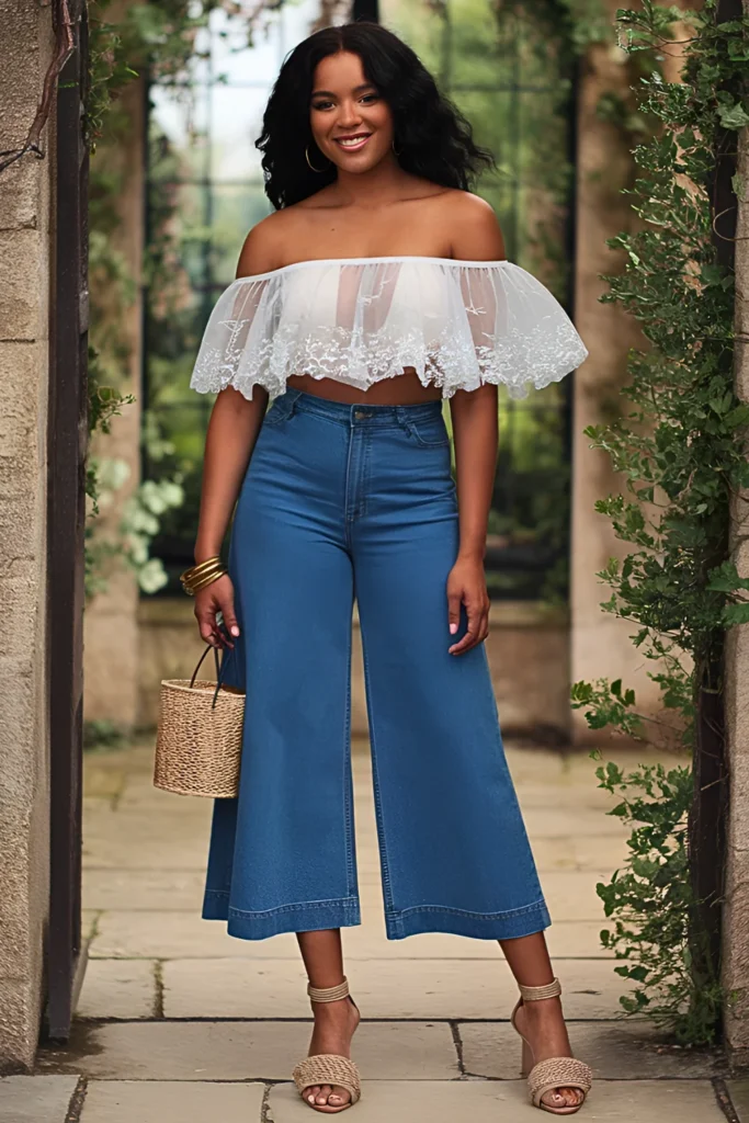 Sheer Peasant Top and High-Waisted Denim Culottes