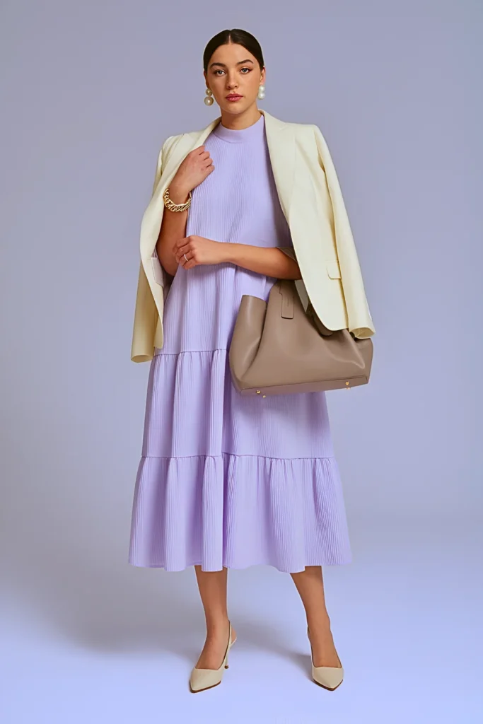 Spring Lavender Tiered Midi Dress Work Outfit