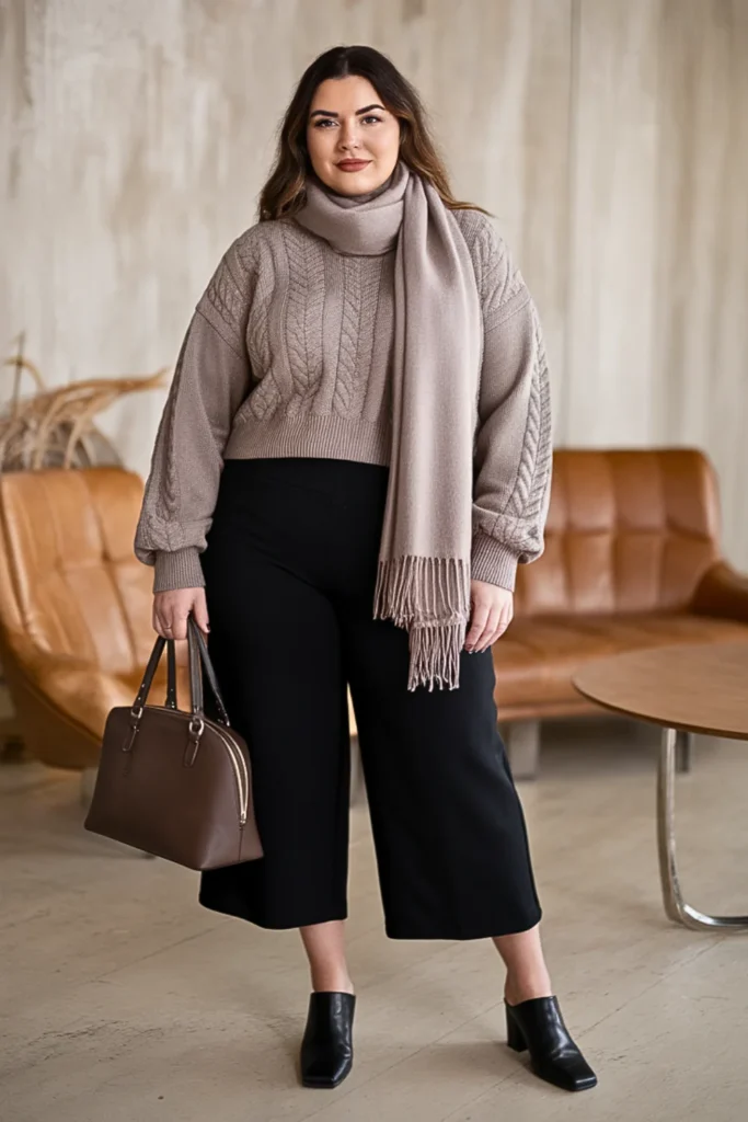 Plus Size Textured Knit Sweater with Culotte Pants and Mules Winter Outfit
