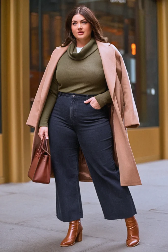 Plus Size New York Cowl Neck Sweater and Wide-Leg Jeans Fall Outfit
