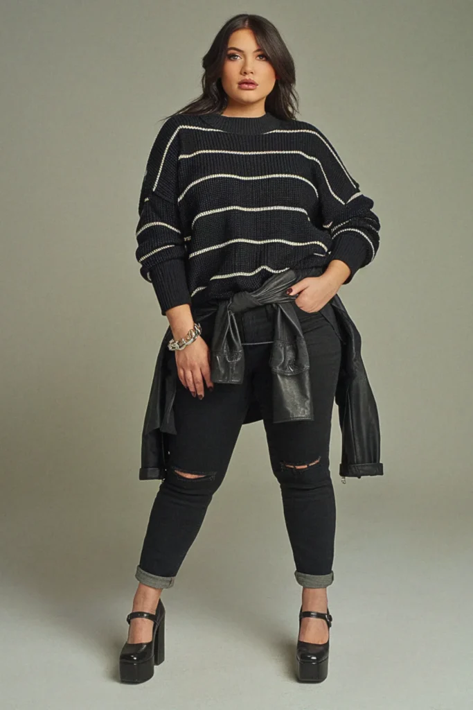 Plus Size Fall Striped Sweater Edgy Grunge Outfit
