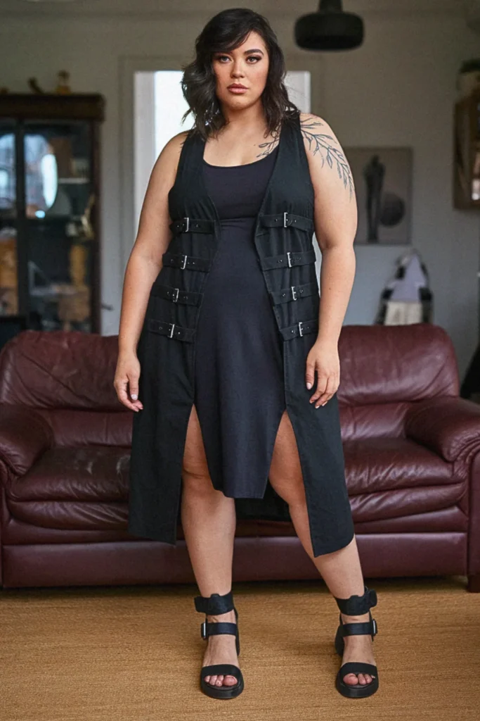 Plus Size Edgy Buckled Vest Summer Outfit