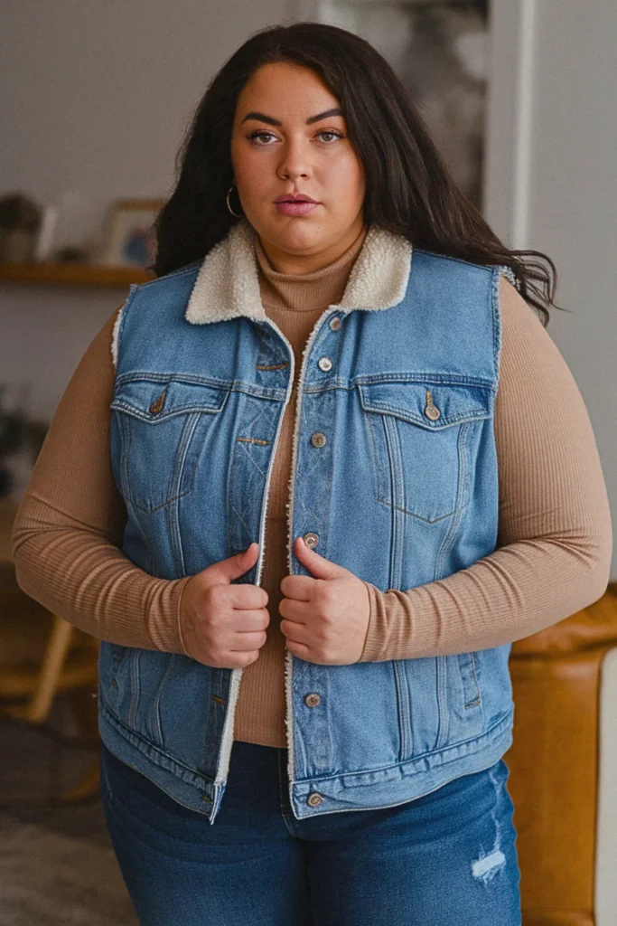 Plus Size Sherpa Lined Denim Vest Cozy Casual Fall Outfit